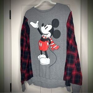 Upcycled Mickey Mouse Sweatshirt with Flannel Sleeves Very Oversized